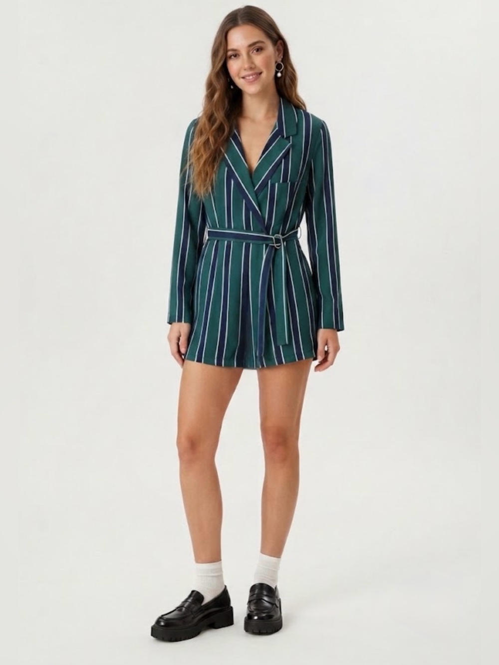 Rules of Etiquette Green & Navy Striped Blazer Romper Size Small NWT